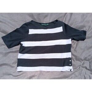 Ralph Lauren Preppy Striped Blouse Large Black White Short Sleeve Classic Top